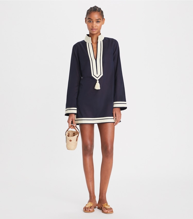 Tory Burch designer coverups Cotton Tory Tunic in TORY NAVY on model front
