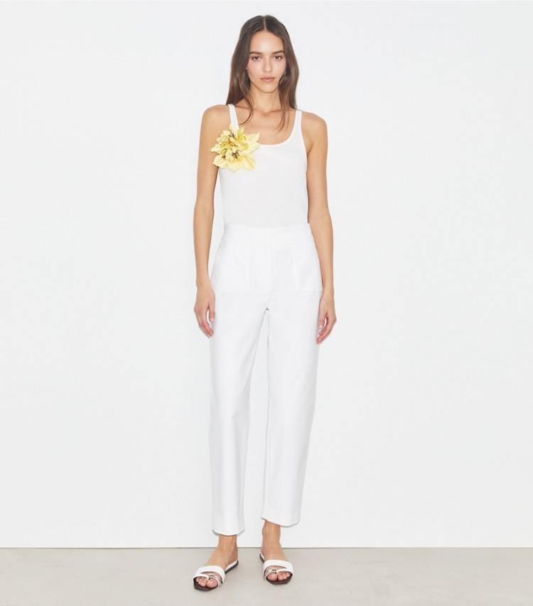 Tory Burch designer bottoms Cotton Trouser in White on model front