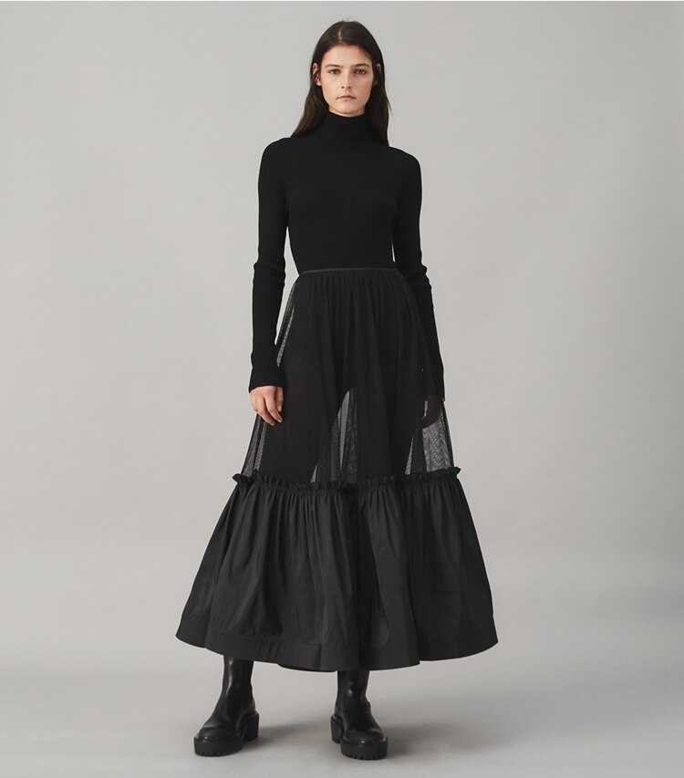 Tory Burch designer bottoms Cotton Tulle Crinoline Skirt in Black on model front