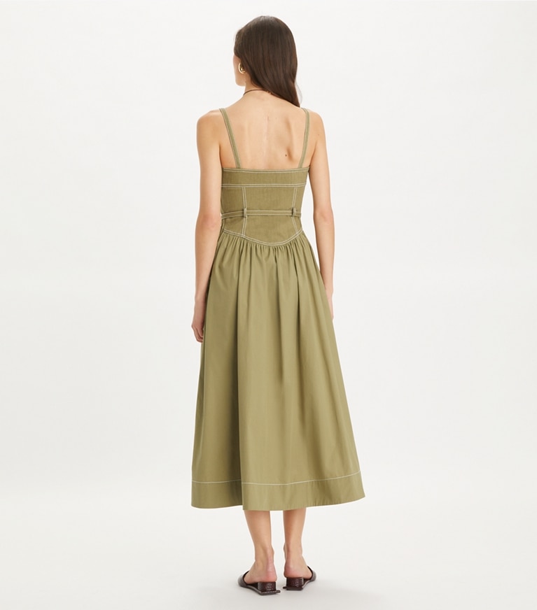 Tory Burch designer dresses Cotton Twill Dress in Stone Moss front