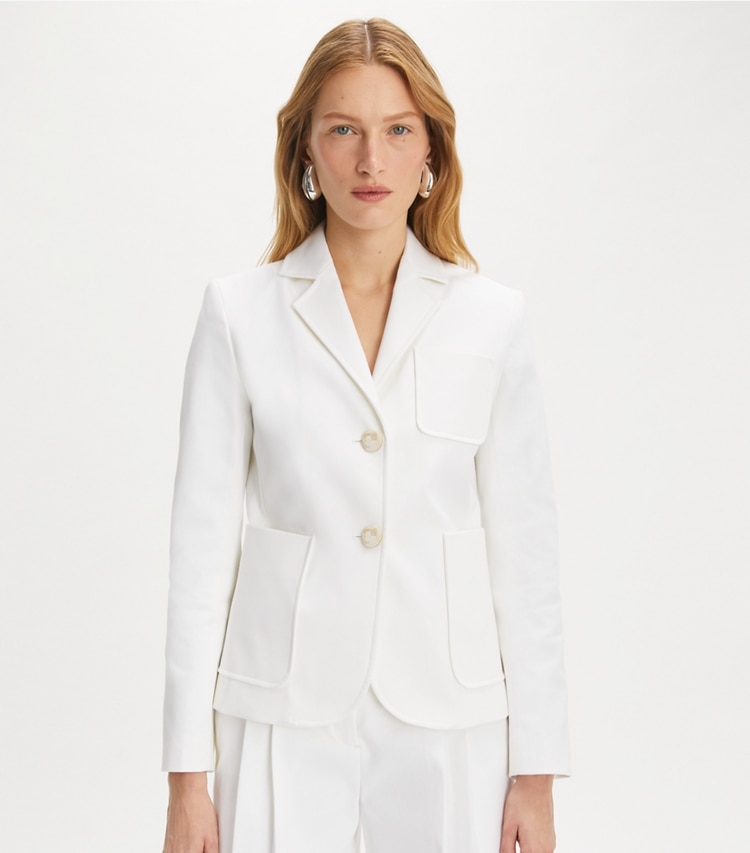 Tory Burch designer jackets Cotton Twill Jacket in White on model detail