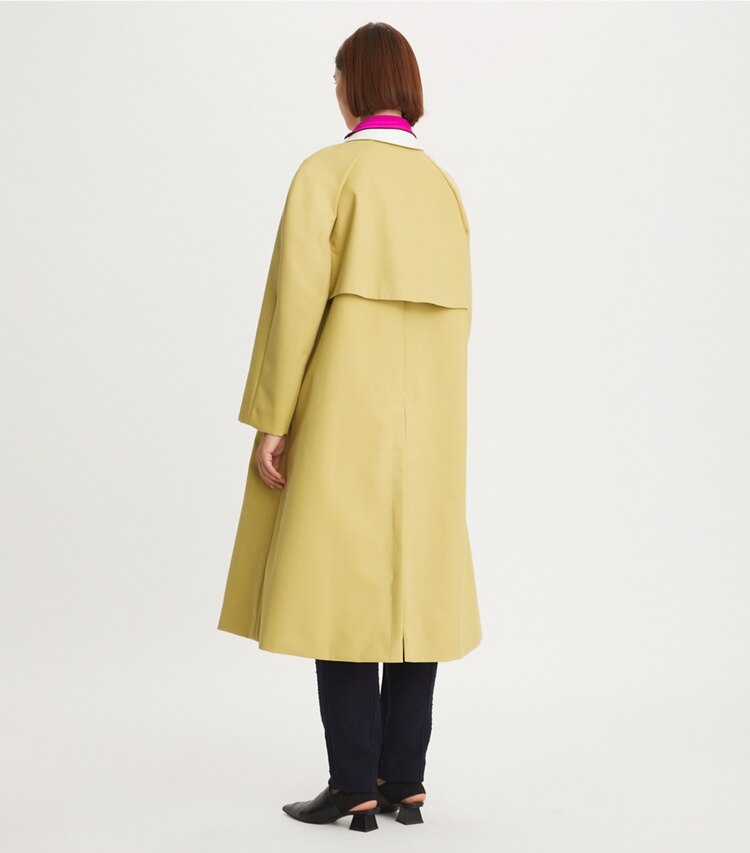 Tory Burch designer coats Cotton Twill Trench Coat in Washed Moss on model back