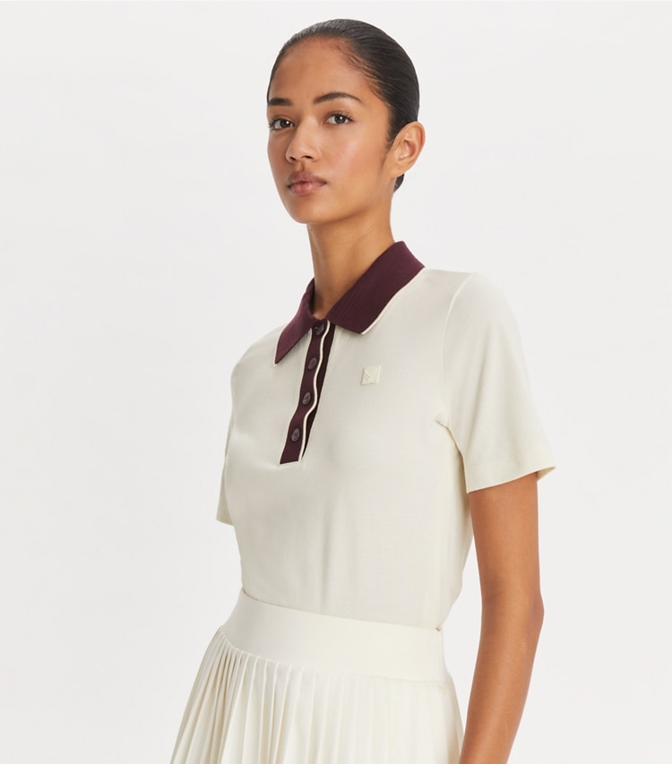 Tory Sport designer tops Cotton Vintage Collar Polo in NEW IVORY / VIVID FIG on model detail