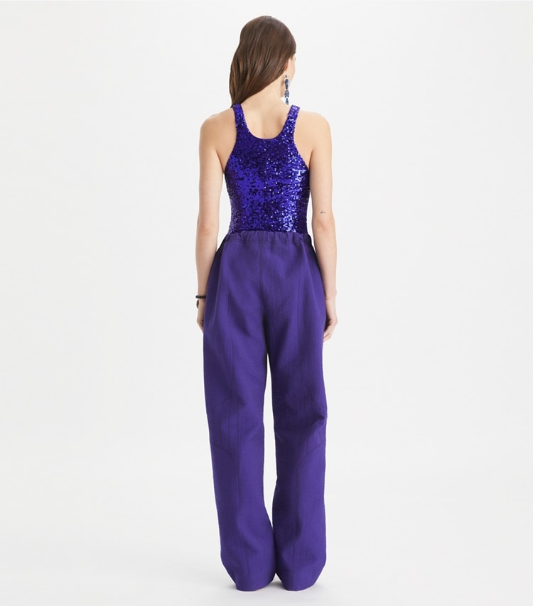 Tory Burch designer bottoms Cotton Wide Leg Pants in Ballpoint Blue on model back