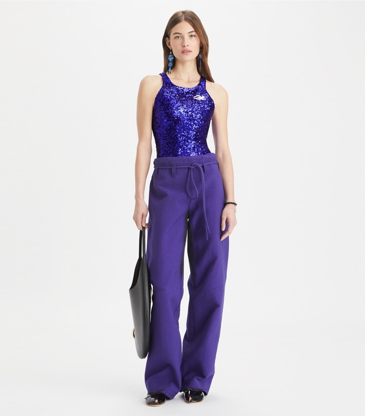 Tory Burch designer bottoms Cotton Wide Leg Pants in Ballpoint Blue on model front