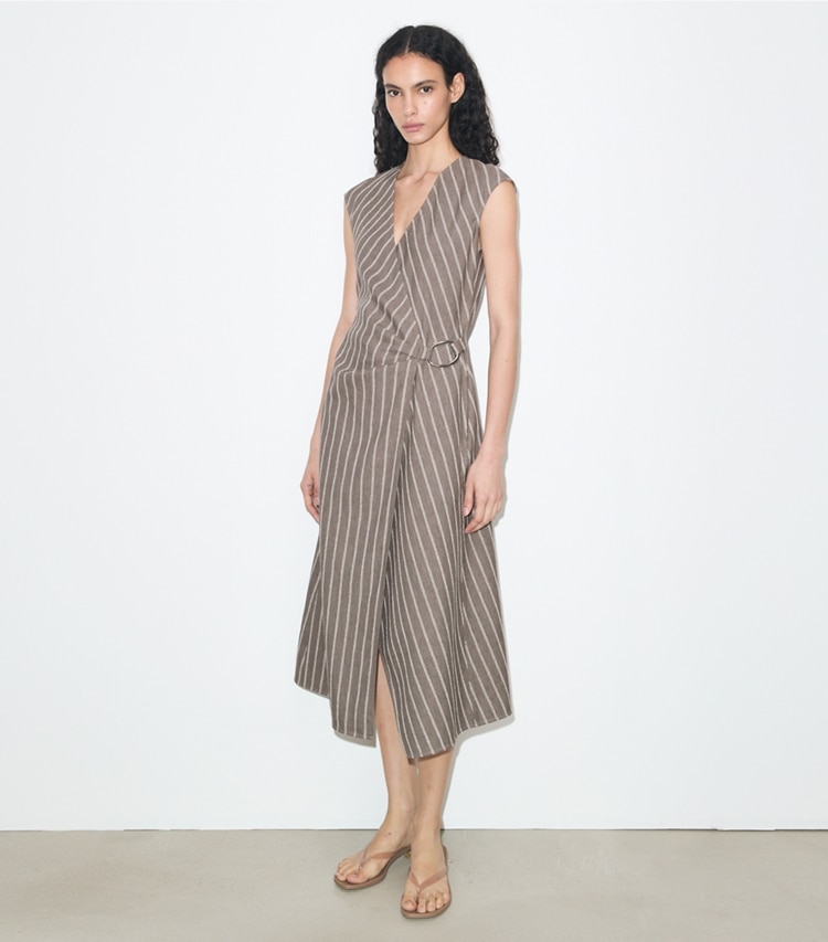 Tory Burch designer dresses Cotton Wrap Dress in Gray / Ivory Stripe on model front