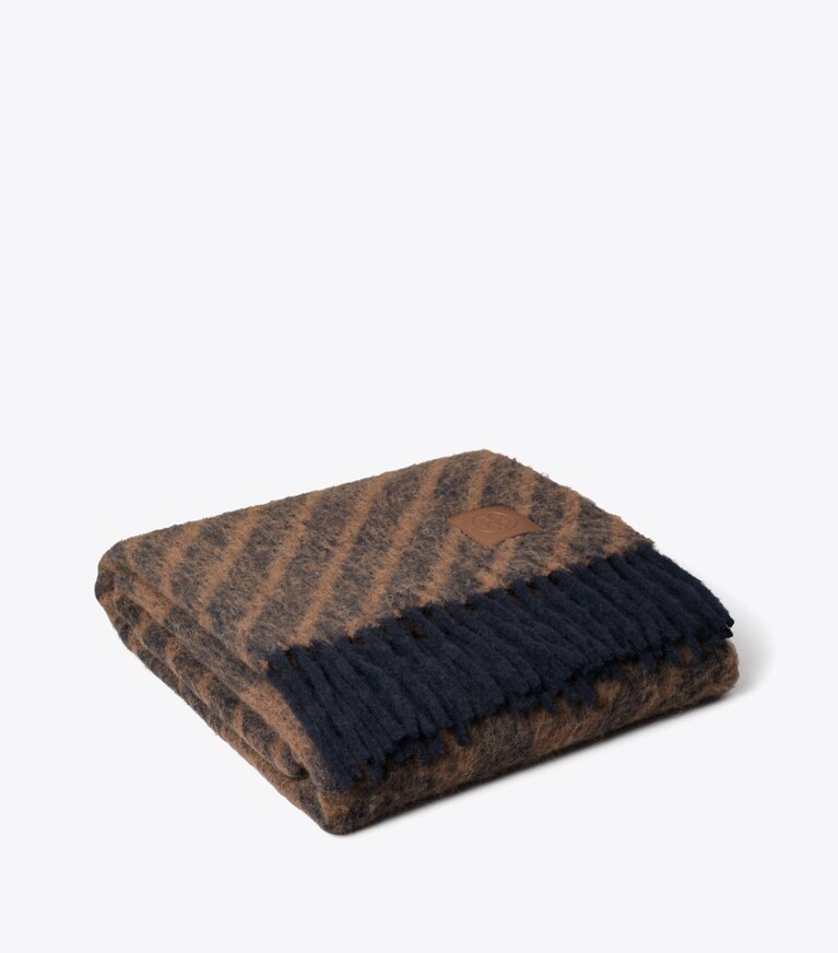 Tory Burch designer décoration Couverture en bouclé à rayures et logo dans NAVY / BROWN détails