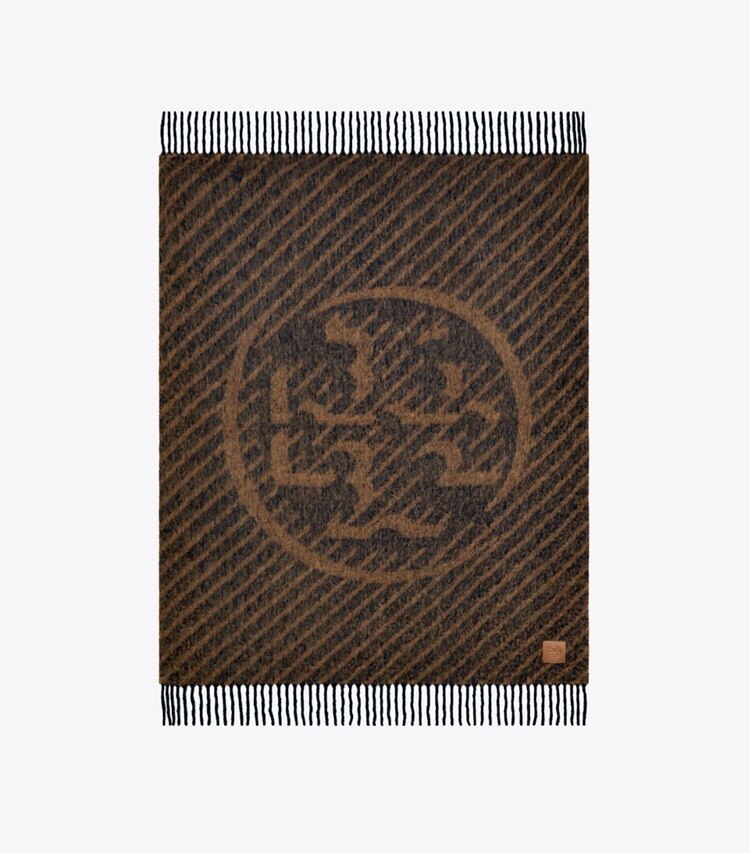 Tory Burch designer décoration Couverture en bouclé à rayures et logo dans NAVY / BROWN de face
