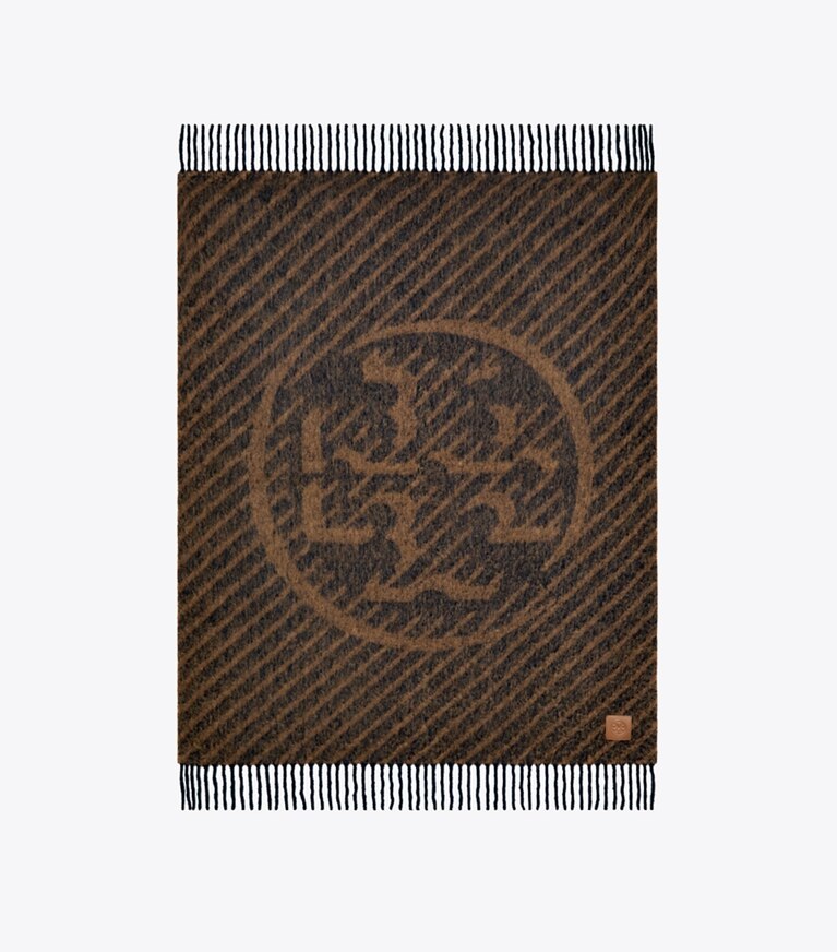 Tory Burch designer décoration Couverture en bouclé à rayures et logo dans NAVY / BROWN de face