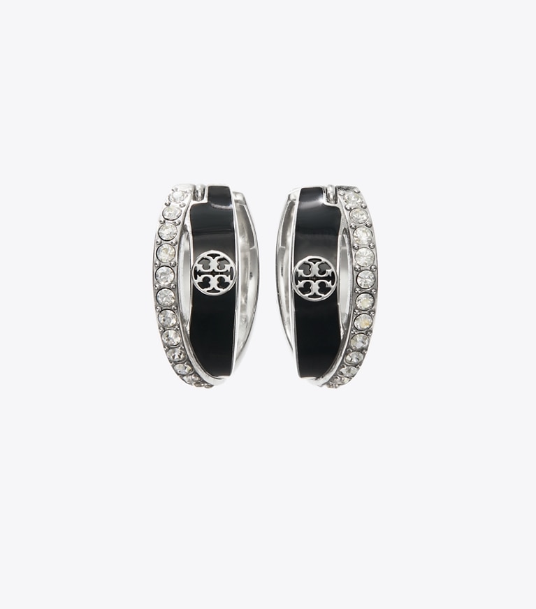 Tory Burch designer boucles d'oreilles Créoles doubles en émail Icon dans Tory Silver / BLACK / Crystal détails