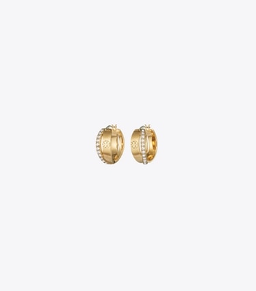 Tory Burch designer boucles d'oreilles Créoles doubles Icon pavées in Tory Gold / Crystal front