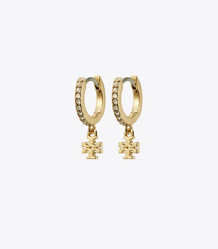 Tory Burch designer boucles d'oreilles Créoles Huggie Icon Pavé dans Tory Gold / Crystal de face