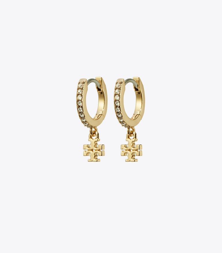 Tory Burch designer boucles d'oreilles Créoles Huggie Icon Pavé dans Tory Gold / Crystal de face