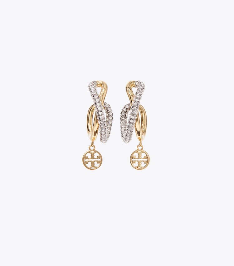 Tory Burch designer boucles d'oreilles Créoles Icon entrecroisées dans Light Silver / Light Brass / Crystal détails