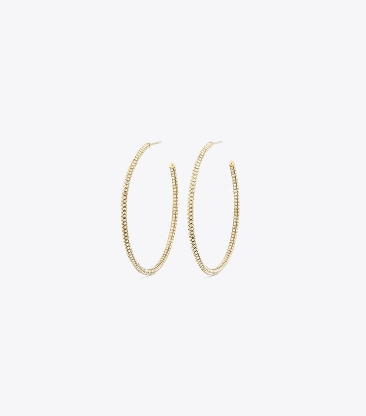 Tory Burch designer boucles d'oreilles Créoles Icon Pavé dans Tory Gold / Crystal de face