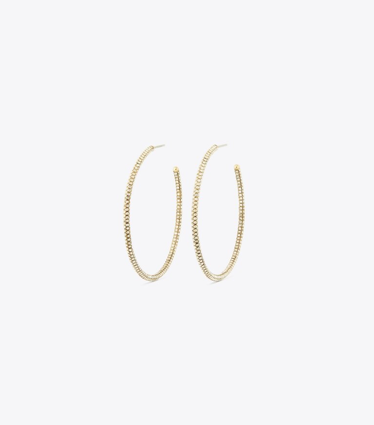 Tory Burch designer boucles d'oreilles Créoles Icon Pavé dans Tory Gold / Crystal de face