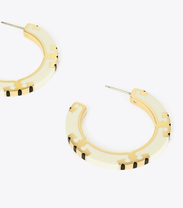 Tory Burch designer boucles d'oreilles Créoles T Stripe in Tory Gold / New Ivory / BLACK front