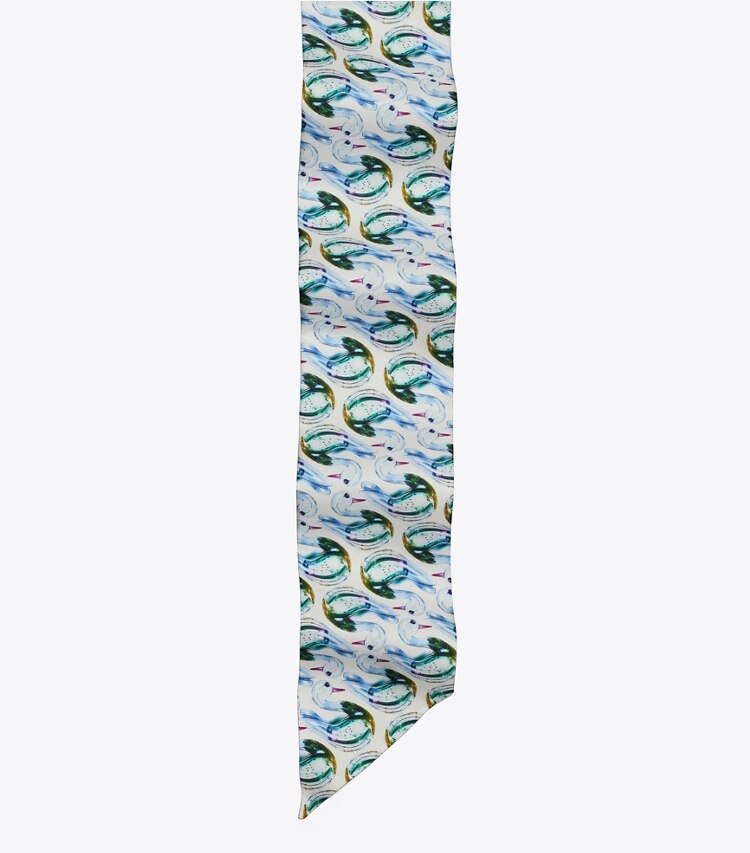 Tory Burch designer sciarpe Cravatta a nastro Lucky Duck in Blue dettaglio
