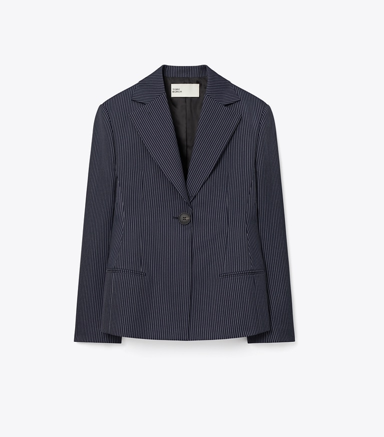 Tory Burch designer jackets Crepe Blazer in Tory Navy/White Pinstripe Wool Suiting front