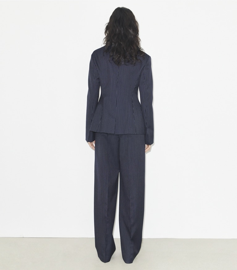 Tory Burch designer jackets Crepe Blazer in Tory Navy/White Pinstripe Wool Suiting front