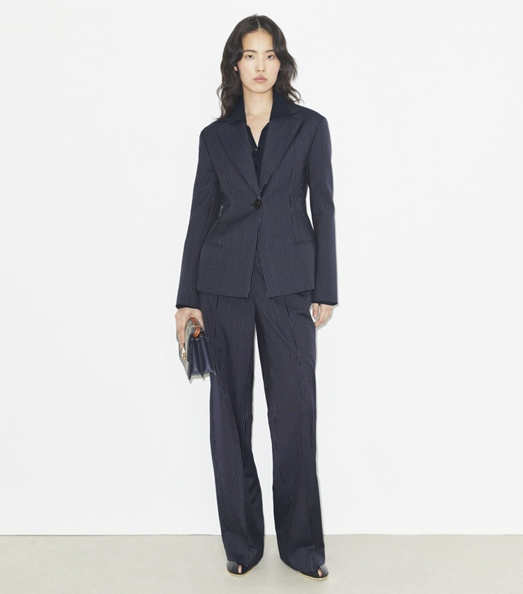 Tory Burch designer jackets Crepe Blazer in Tory Navy/White Pinstripe Wool Suiting on model front
