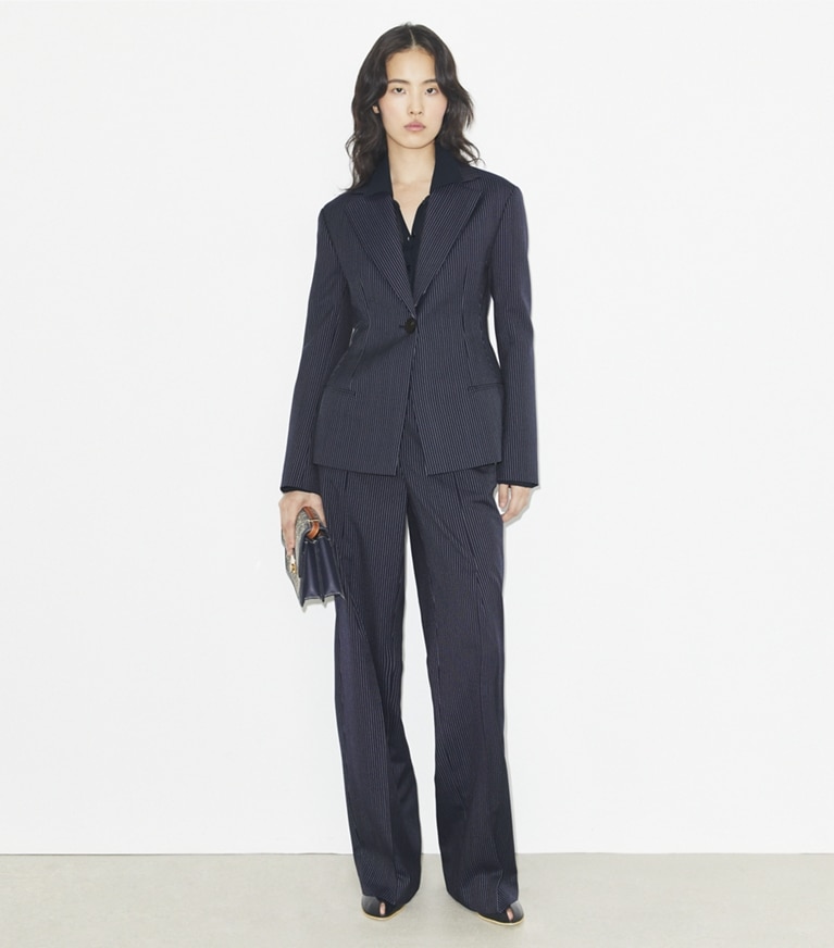 Tory Burch designer jackets Crepe Blazer in Tory Navy/White Pinstripe Wool Suiting front