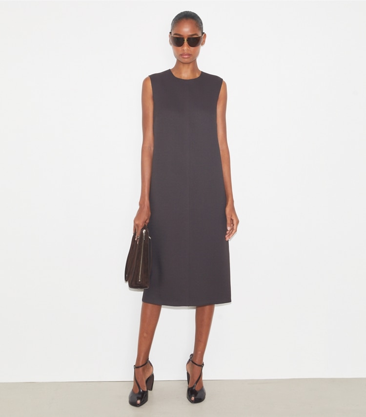 Tory Burch designer dresses Crepe Dress in Dark Mocha on model front