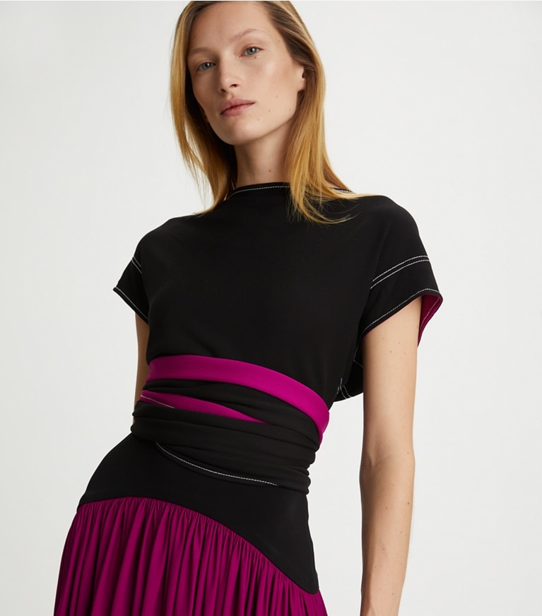 Tory Burch designer tops Crepe Jersey Wrap Top in Black front