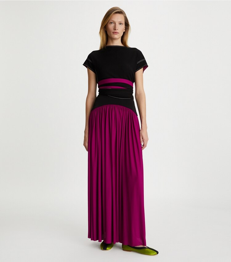 Tory Burch designer tops Crepe Jersey Wrap Top in Black on model front