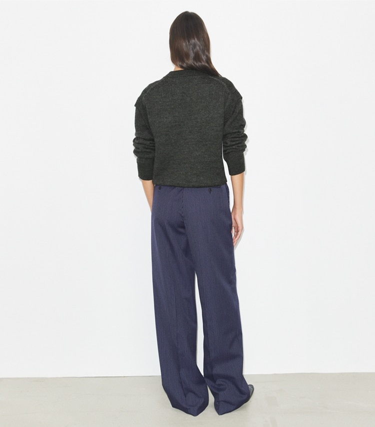 Tory Burch designer bottoms Crepe Pant in Tory Navy/White Pinstripe Wool Suiting on model back