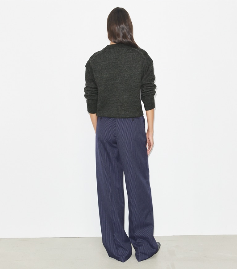 Tory Burch designer bottoms Crepe Pant in Tory Navy/White Pinstripe Wool Suiting front