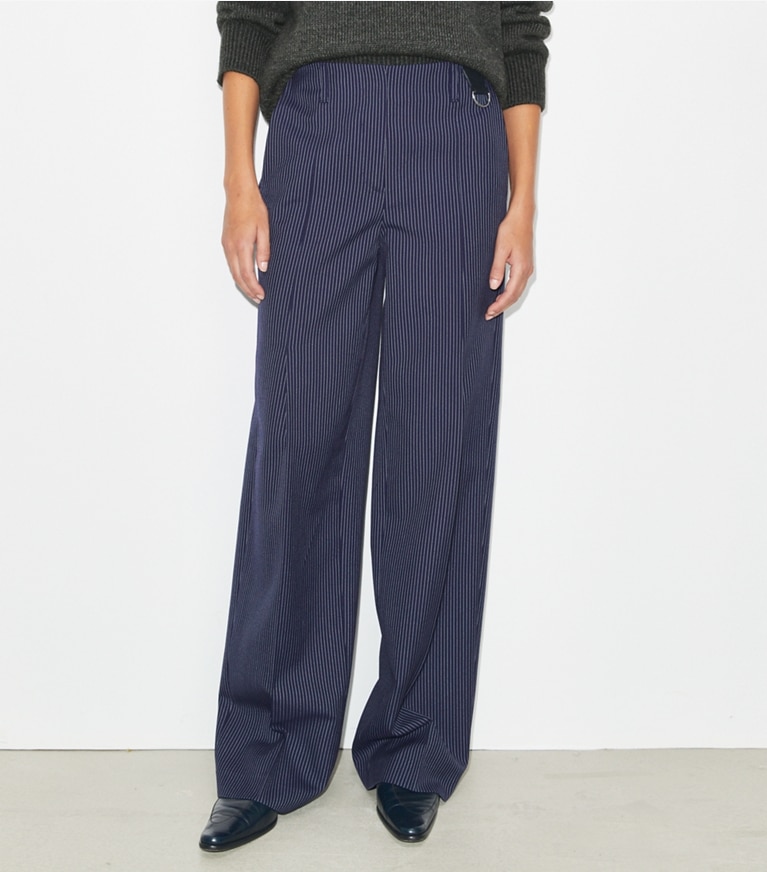 Tory Burch designer bottoms Crepe Pant in Tory Navy/White Pinstripe Wool Suiting front