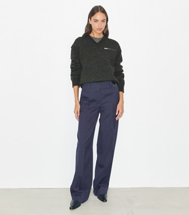 Tory Burch designer bottoms Crepe Pant in Tory Navy/White Pinstripe Wool Suiting on model front