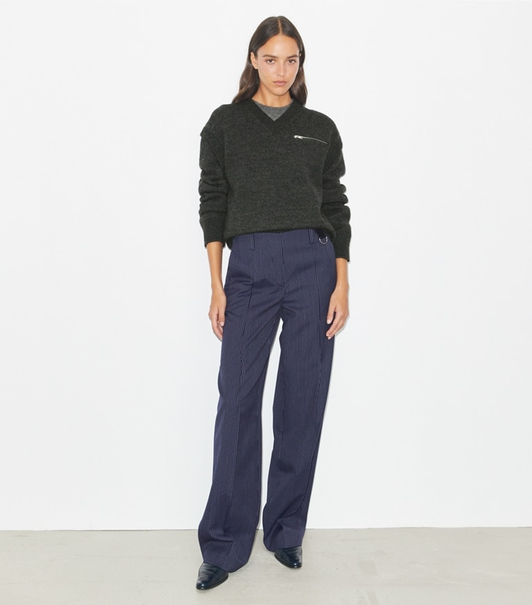 Tory Burch designer bottoms Crepe Pant in Tory Navy/White Pinstripe Wool Suiting front