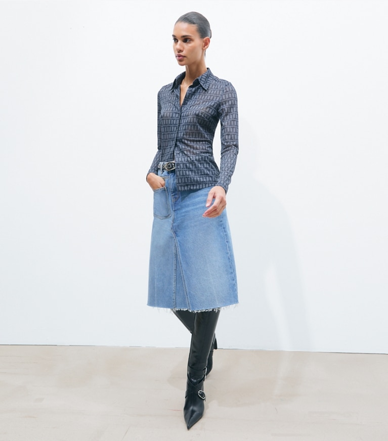 Tory Burch designer tops Crepe Polo Shirt in Dusky Blue T Stripe additional on model