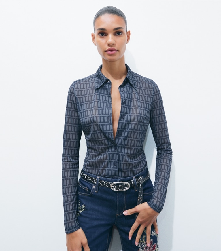 Tory Burch designer tops Crepe Polo Shirt in Dusky Blue T Stripe additional on model