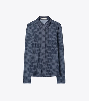 Tory Burch designer tops Crepe Polo Shirt in Dusky Blue T Stripe front