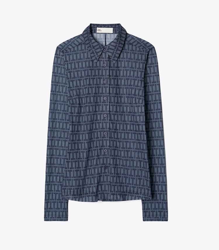 Tory Burch designer tops Crepe Polo Shirt in Dusky Blue T Stripe front