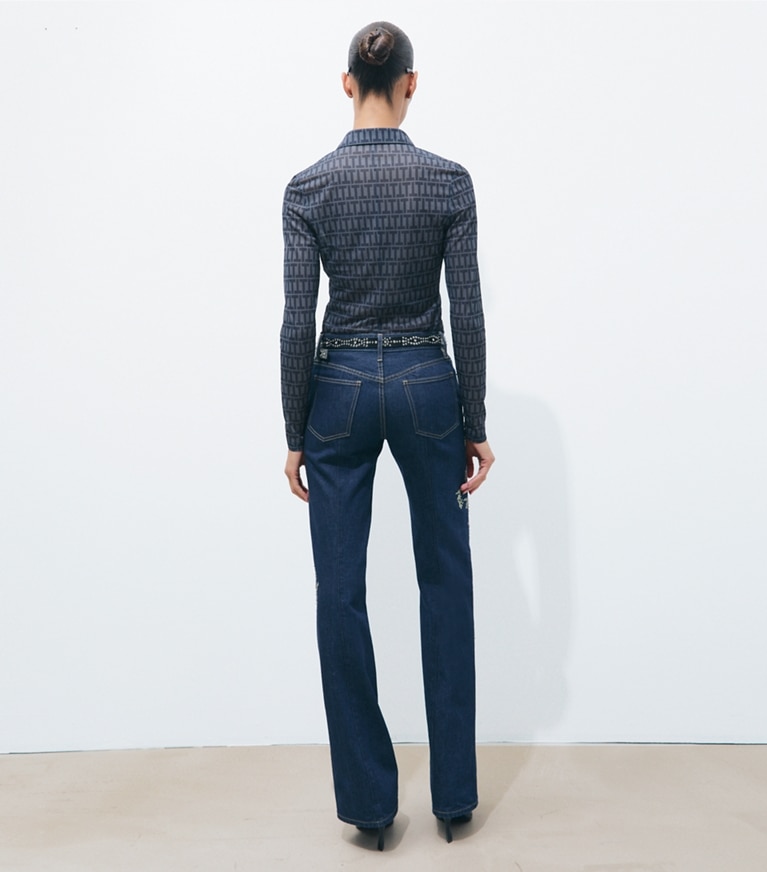 Tory Burch designer tops Crepe Polo Shirt in Dusky Blue T Stripe on model back