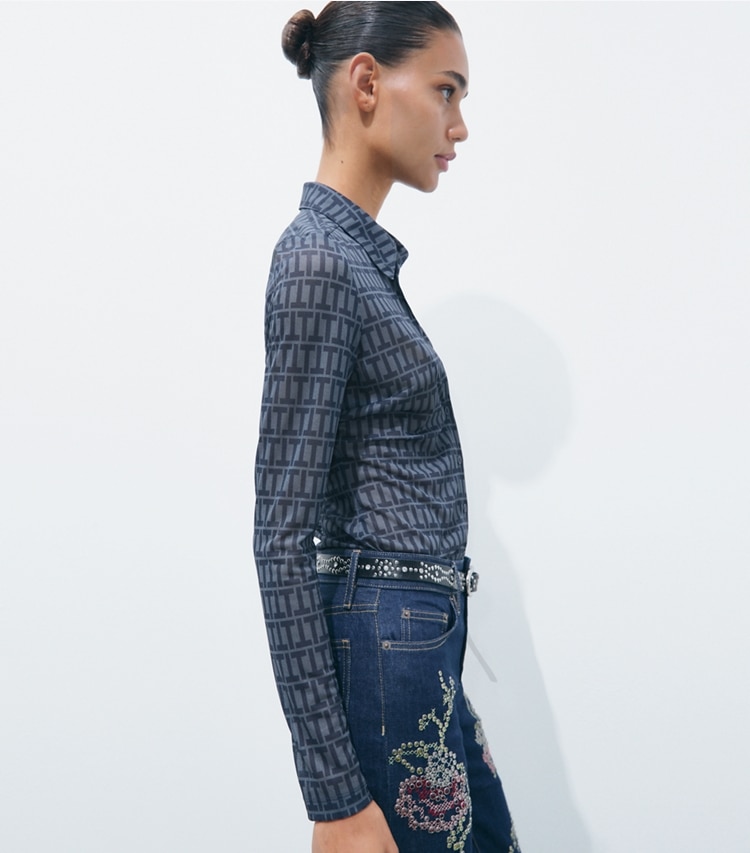Tory Burch designer tops Crepe Polo Shirt in Dusky Blue T Stripe on model detail