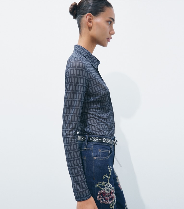 Tory Burch designer tops Crepe Polo Shirt in Dusky Blue T Stripe on model detail