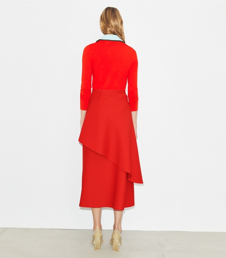 Tory Burch designer bottoms Crepe Wrap Skirt in Royal Red on model back