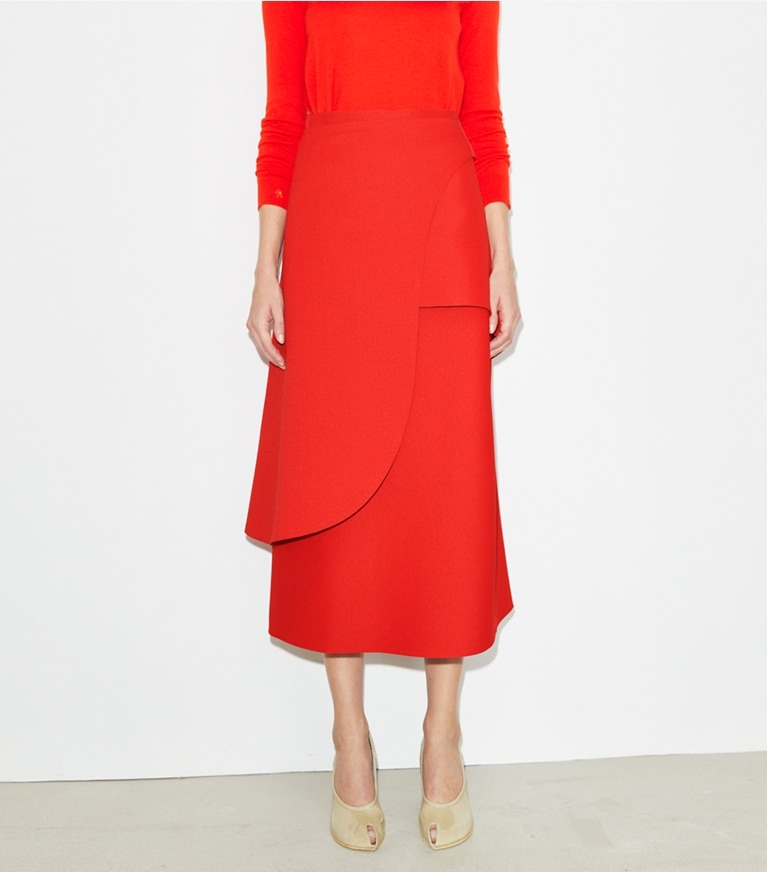 Tory Burch designer bottoms Crepe Wrap Skirt in Royal Red front