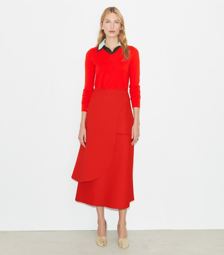 Tory Burch designer bottoms Crepe Wrap Skirt in Royal Red on model front