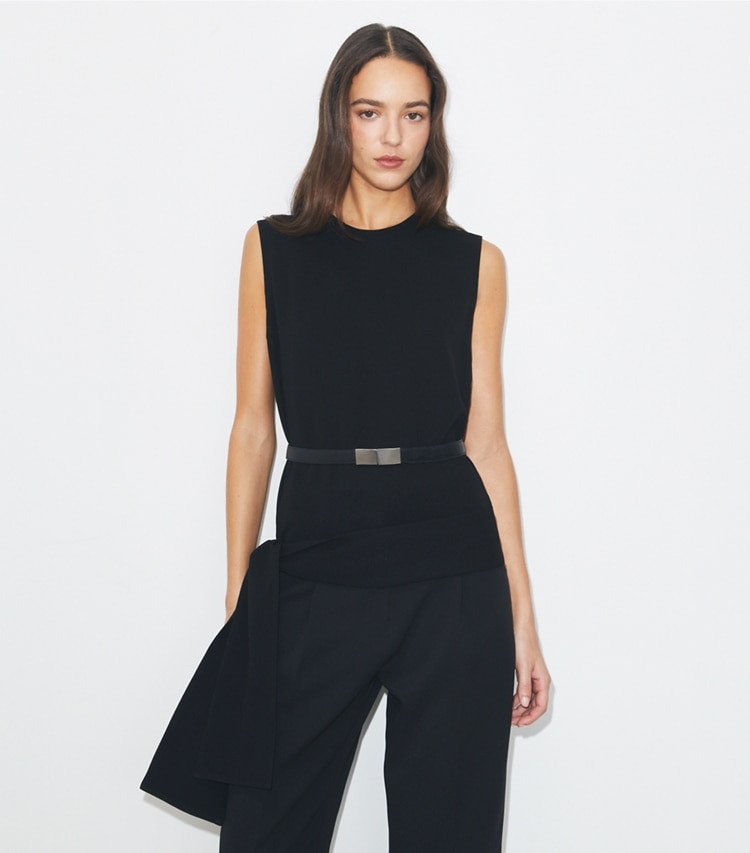 Tory Burch designer tops Crepe Wrap Top in Black on model detail