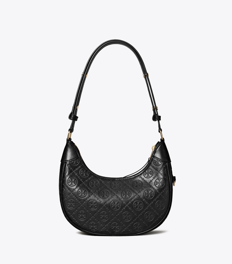 Tory Burch designer schultertaschen Crescent Bag aus Leder mit T-Monogramm in Black angle