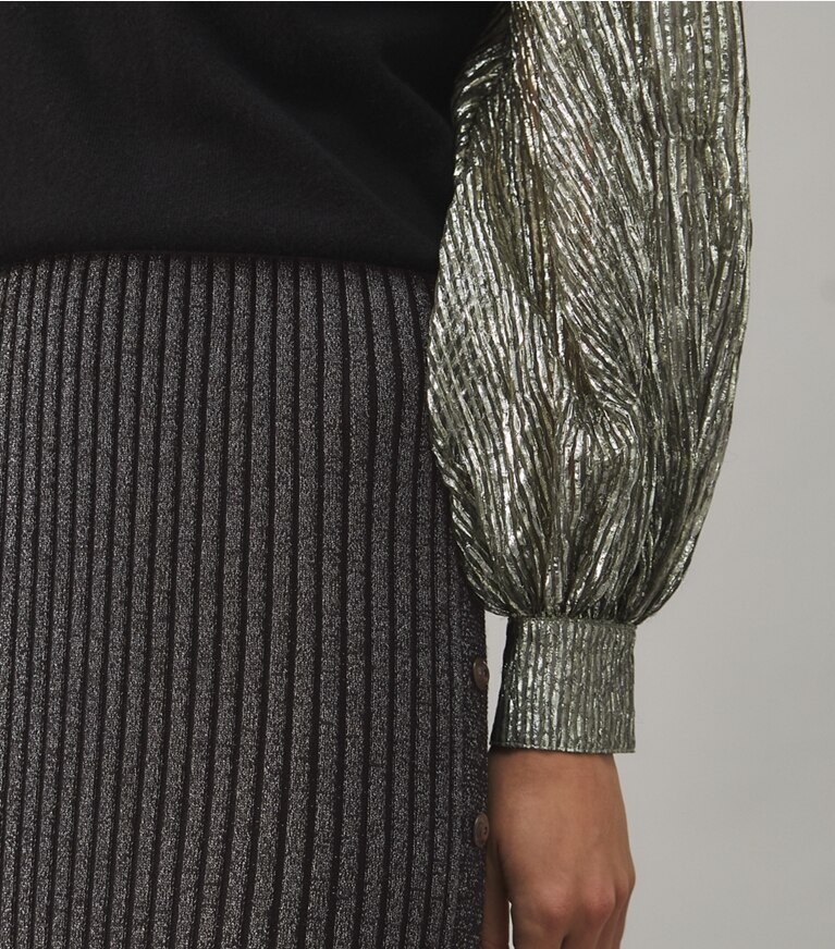 Tory Burch designer sweaters Crinkle Stripe Lamé Sleeve Sweater in Black front