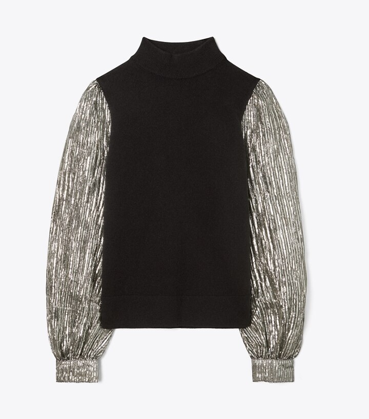 Crinkle Stripe Lamé Sleeve Sweater: Women's Designer Sweaters | Tory Burch