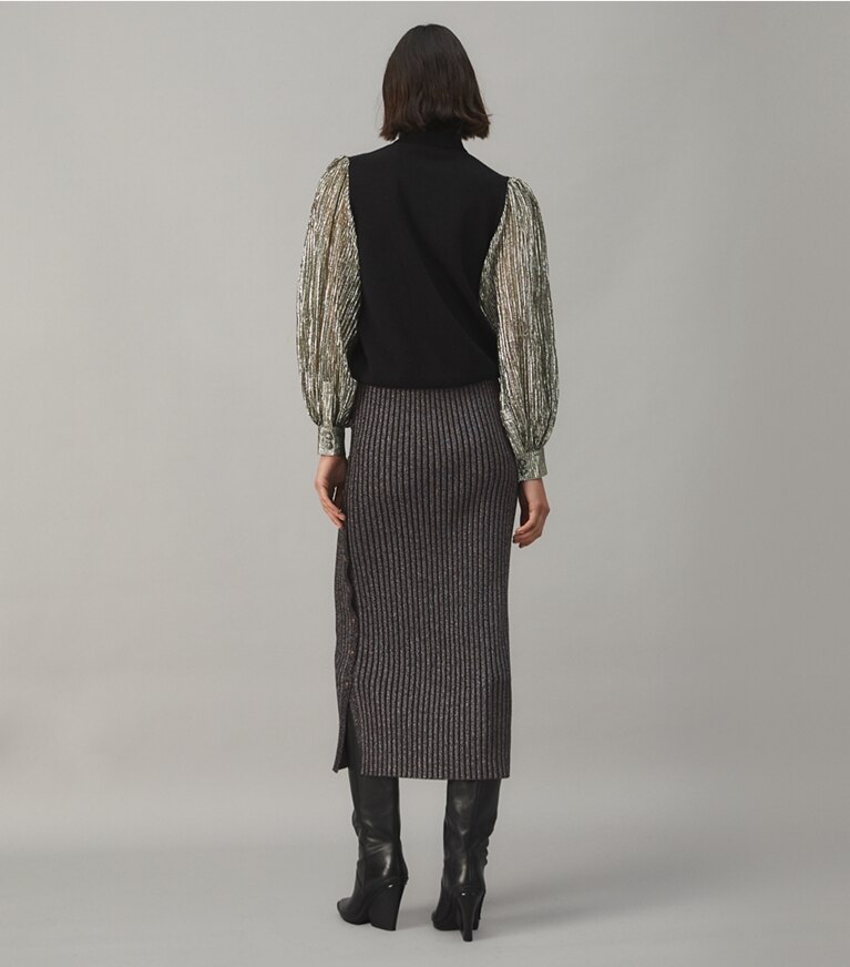 Tory Burch designer sweaters Crinkle Stripe Lamé Sleeve Sweater in Black front