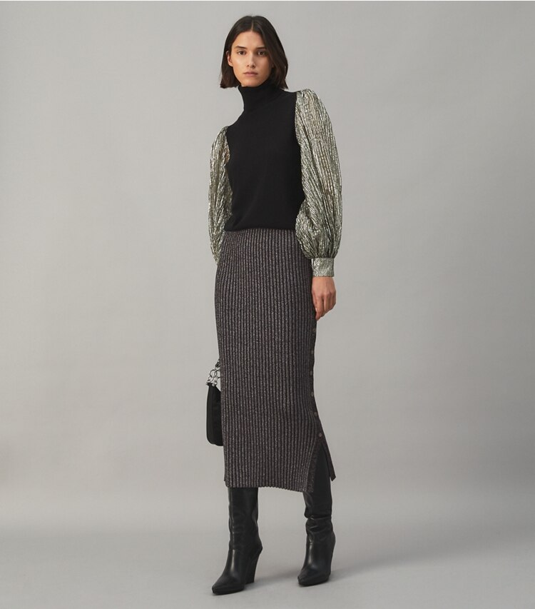 Tory Burch designer sweaters Crinkle Stripe Lamé Sleeve Sweater in Black on model front